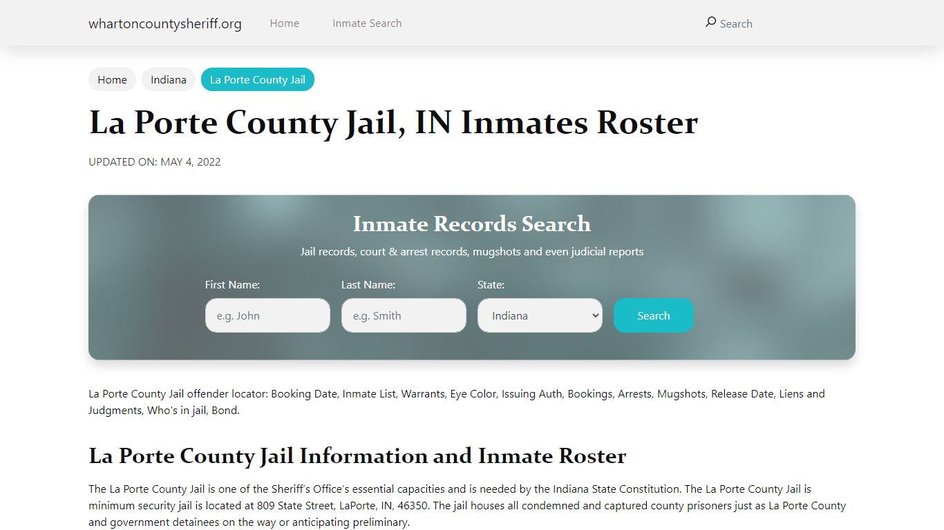 La Porte County Jail, IN Jail Roster, Name Search